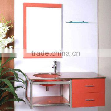 High Quality Tempered Bathroom Counter Basin, Nacarat Color Glass with Stainless Steel Holder