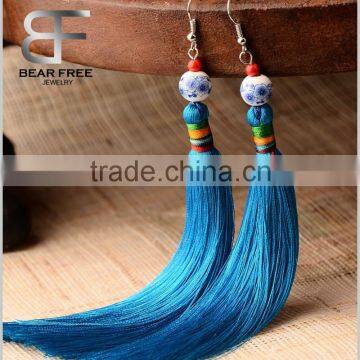 Chinese Ethic Long Tassel style Dangle earrings with Embroidery Red blue purple pink 4 colors