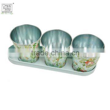 Galvanized zinc 3 flower pots on a saucer in classical rose print