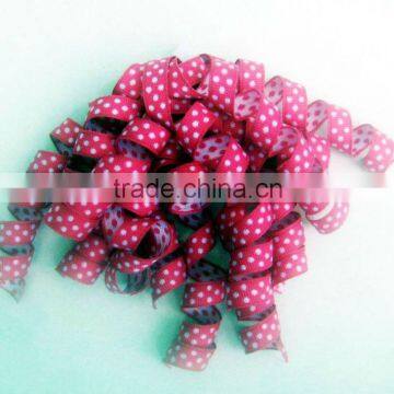 Pink Customized Design Printed Dots Grosgrain Curly Bow, Fabric Ribbon Present Packaging Bow, Woven Ribbon Sticker Curly Swirls
