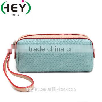 Small Size Blue PU Embossing Cosmetic Bag With Handle