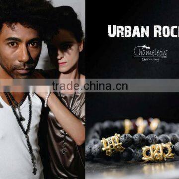 Stainles Steel Skull Men's Urban Rock Black Volcanic Lava Stone Bracelet