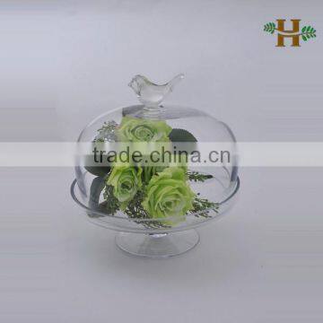 Handmade suite footed glass bowl vase, clear glass vase on foot with a bird lid