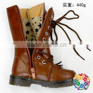 Wholesale Toddler Girls Round Toe Brown Leather Fashion Combat Boots photo-6