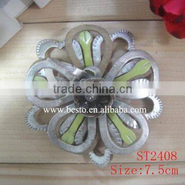 In stock handmade crystal center silver stripes leather flower for shoes decoration