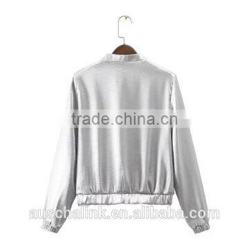 New Style Autumn Cheap Sliver Satin Plain Front Zipper Baseball Jackets photo-6