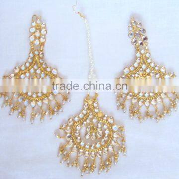 JADAU KUNDAN GOLD PLATED Dangler EARRINGS TIKA SET Real Look photo-2