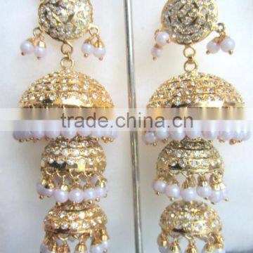 3 tier Jhumka Gold plated Jadau pearl temple dangler EARRINGS