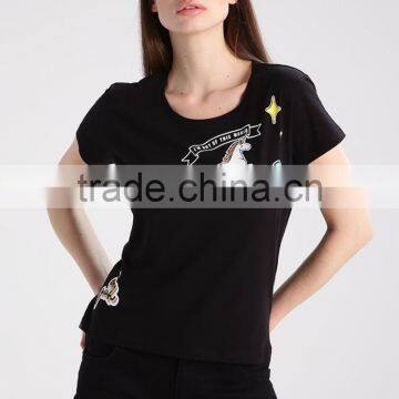 MGOO Hot Sale Low Cut Black T-shirts Fitness Screen Print Short Sleeve T-shirt For Women photo-3