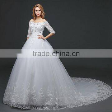 MGOO Lace Trim Hem Beaded Empire Vintage Floor Length Off Shoulder Wedding Dress Bride Grown Long Sleeve photo-4