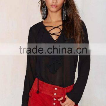Latest Chiffon Blouse Ruffled Lady Blouse Wholesale Lace up Blouses 2015 photo-2