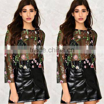 Fashion Transparent Mesh Floral Embroidery Top Tees Summer Short Sleeve T-Shirt apparel