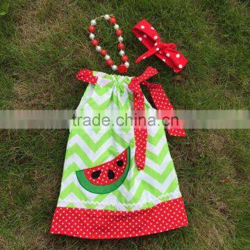 Professional Design Latest Style Girls Watermelon Green Chevron Dress With Necklace And Headband