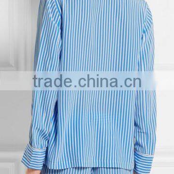 Navy Blue Custom Stripe Women High Quality 100% Silk Sleep Wear photo-3