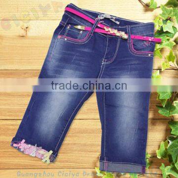 Cute design cotton bermuda children jeans for girl with belt