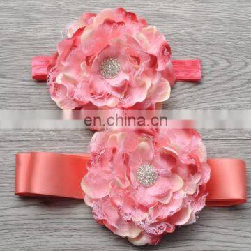 2 Pcs Set Laced Peony Flower Sash Belt Matching Headband For Kids photo-3