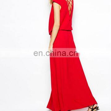 CHEFON Lace Up Detail Red Maxi Dress photo-3