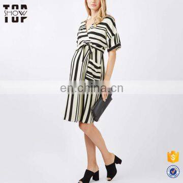 Hot selling wholesale maternity clothes wrap front stripe women shirt dresses