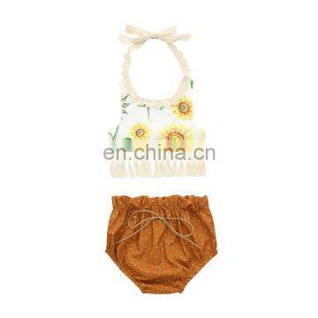 2pcs Set Summer Yellow Girls Clothing Set Toddler Infant Baby Sunflower Backless Tops+Shorts Dot Briefs Outfits Set photo-2