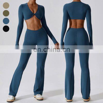 Custom Quick Dry Gym Fitness sets Sportswear 2 Piece Set Women Sports High Waist Pants Long Sleeve Crop Tops Gym Fitness Sets