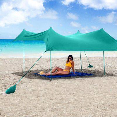Portable Large UPF50 UV, Protection 4 Aluminum Poles Lycra Nylon Family Sun Shelter Canopy Tent Beach Shade With Sandbag Anchors