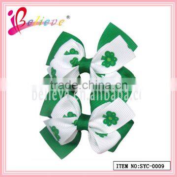 Handmade ribbon bow hair accessories green clover ribbon fashion hair net clip (SYC-0009)