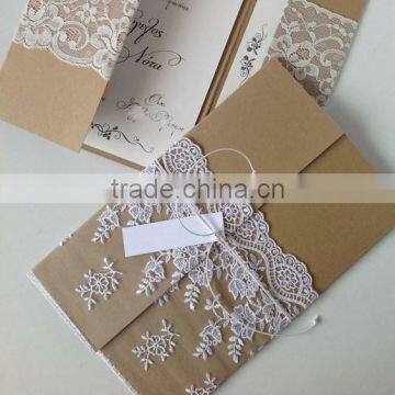 2016 kraft shiny paper with lace handmade folio wedding invitation cards