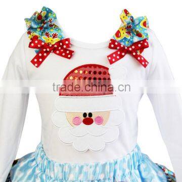 Xmas Blue Reindeer Ruffles Bling Santa White Long Sleeves Tee