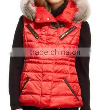 2015 women padded winter vest with fur hood red vest fall