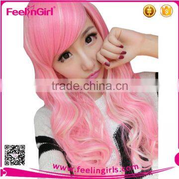 Pink Long Stock Virgin Hair Ombre Synthetic Side Part Lace Front Wigs photo-3