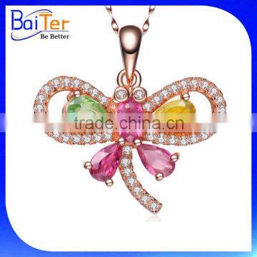 Elegant Color Cubic Zirconia CZ 925 Sterling Silver Created Diamond Dragonfly Pendant photo-2