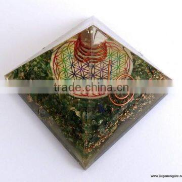 Quality Manufacturer Of Big Orgone Energy Green Jade Pyramid With Flower Of Life Symbol And Crystal Point | Reiki Pyramid