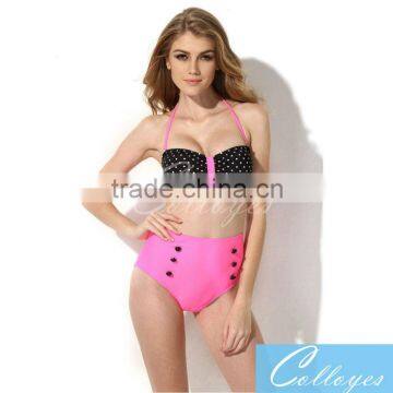 Colloyes Sexy Polka Dot + Pink New Bikini Swimsuit Bandeau Top 2016 with High-waist Bottom