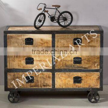 INDIAN IRON WOOD DRAWER CHEST WITH IRON WHEEL