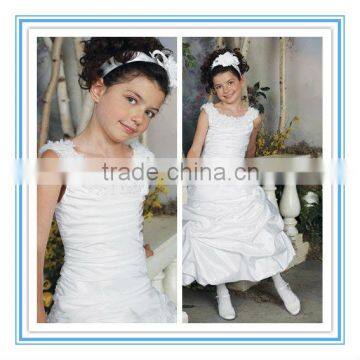 FLMO-3081 Tip Of The Shoulder Taffeta Organza Hand-Beaded Flower Girl Dress White