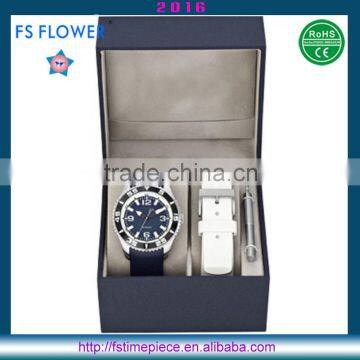 FS FLOWER - Fashion Men Watch Set 2 Band Silicone Pu Leather Strap With Watch Tool And Box