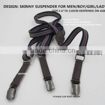 1.6cm leather skinny elastic suepender brace for ladys boys mens