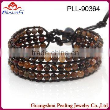 (PLL-90364)Best Design Jewelry of Three Layers One Wrap Tiger Eye Pave Leather Bracelet