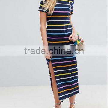 alibaba lady women clothes oem 100% Cotton Crew neck Short sleeves Side split T-Shirt Women Summer Dress In Rainbow Stripe