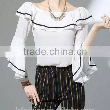 2017 Wholesale Summer Women Big Round Neck Ruffle Sleeve Fashion Chiffon Blouse photo-5