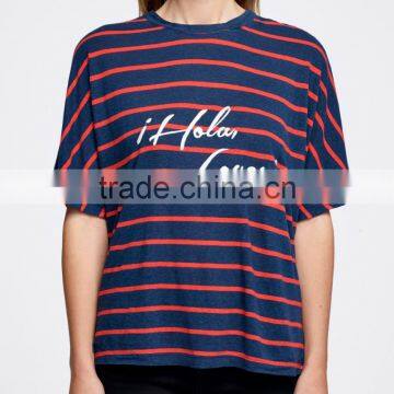 Wholesale Ladies Tops Navy and Red Stripe Short Sleeve Round Neck t Shirt Summer photo-3