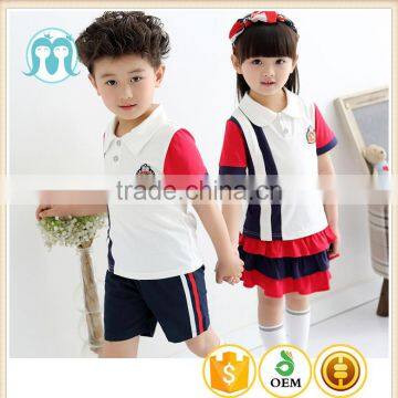 China Wholesale Boys and Girls Customised Cotton Summer school uniform design with pictures short sleeves T-shirts trouser skirt