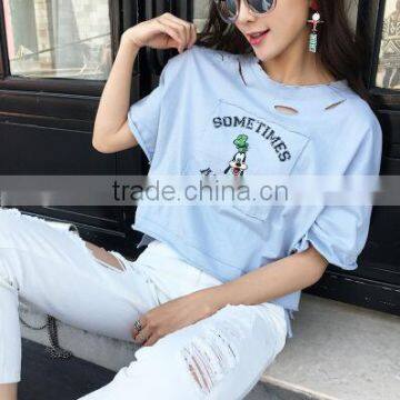 In the Summer of 2017 the New Women's Wear Loose Hole Round Collar Short Sleeve T-shirt Female Students Brief Paragraph Joker photo-2