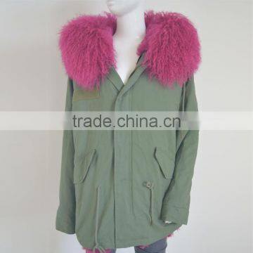 Myfur Genuine Dyed Mongolian Lamb Fur Hooded Parka With Sheep Fur Lining Green Cotton Parka photo-3