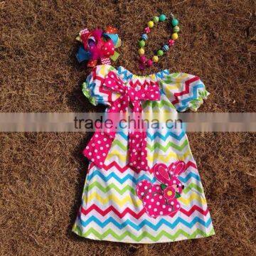 2016 New Design Easter Dresses Cottom Bunny Dress Chevron Dress With Matching Necklace and Bow Set