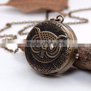 Vintage Night Owl Flip-Open Cover Pocket Watch Long Chain Pendant Necklace