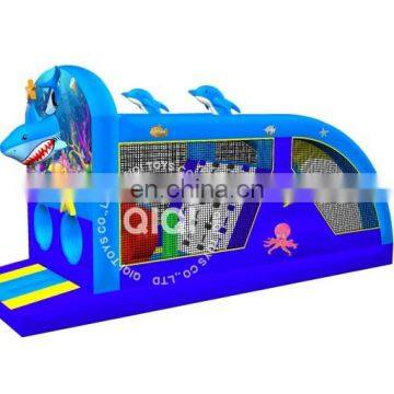 sharp inflatable bounce castle obstacle course with many small blocks