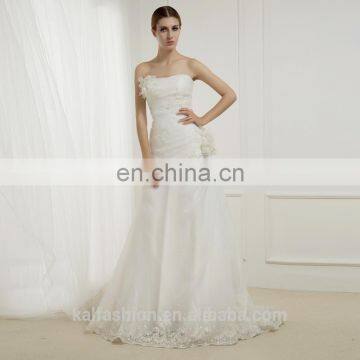 EB2627 Delicate A-Line scoop Handmade flower top lace Ruched bridal wedding dress