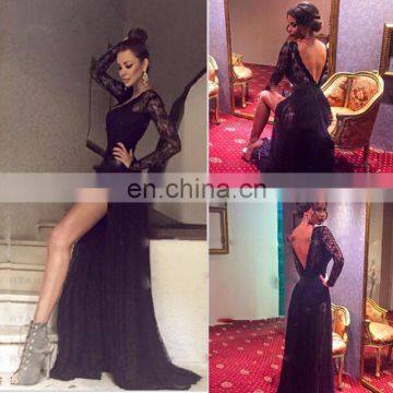 New Design Black Sexy Glamorous Party Dress Long Sleeve A Line Side Split Floor Length Lace Prom Dress