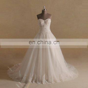 Elegant Puff A-line Sweet Heart Beads Flowers Lace Wedding Dress Long Train Real Sample